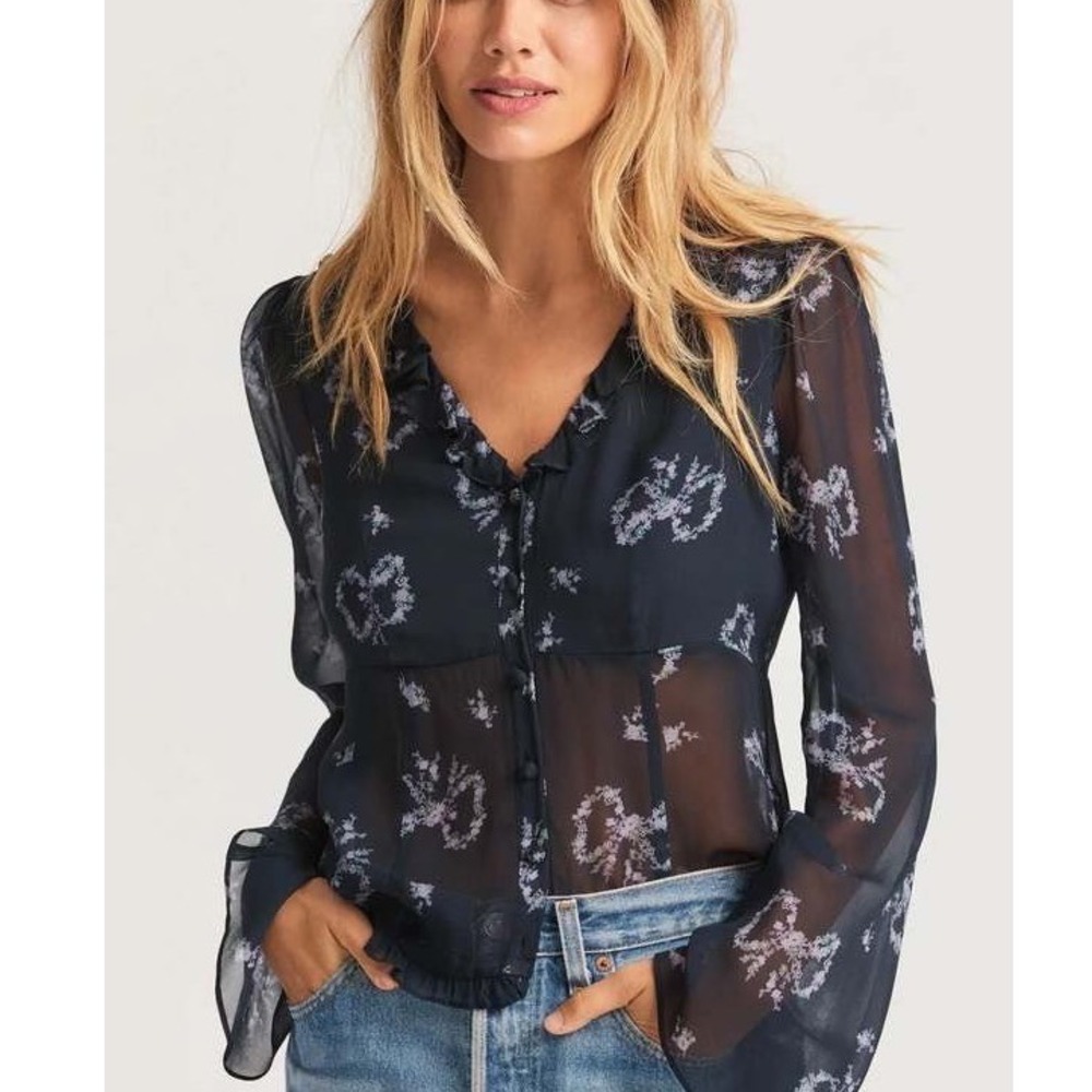 LoveShackFancy Womens Navy Blue Floral Ruffle V-Neck Sheer Peplum Blouse Size M